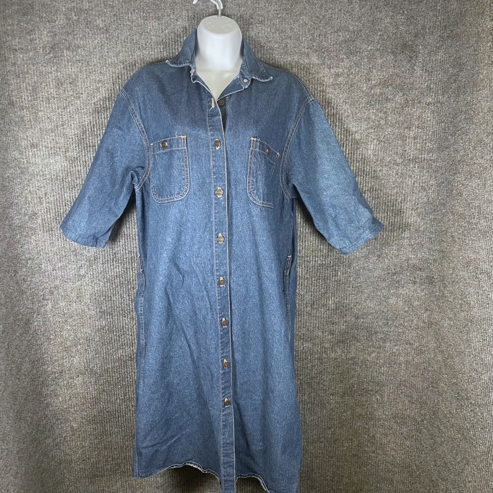 Vintage Calvin Klein Denim Shirt Dress USA Womens L Button Front Pockets 90s